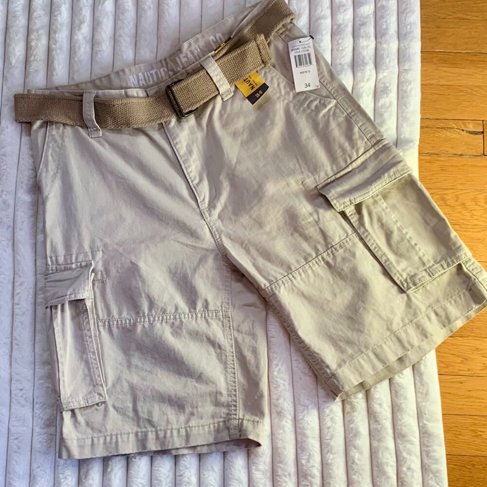 NWT Nautica Jeans Co. Men's Cargo Shorts with Canvas Belt | Beige | 34W